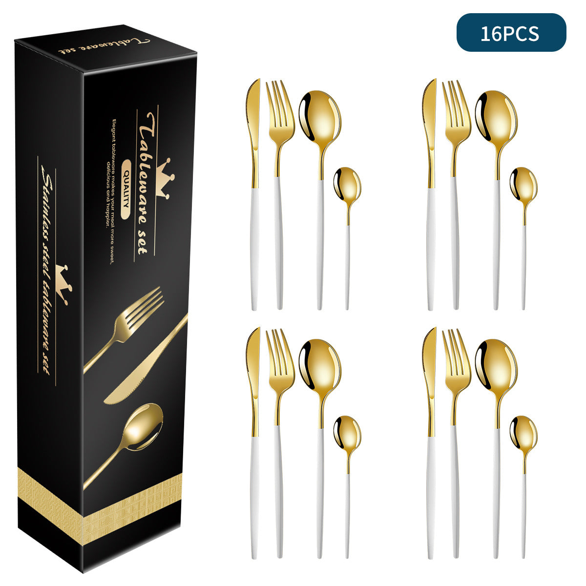 Image of white and gold patchwork colours 410 stainless steel 16-piece flatware set - elegant dinnerware with knife, fork, spoon for 4 people ideal for luxury casual home interiors