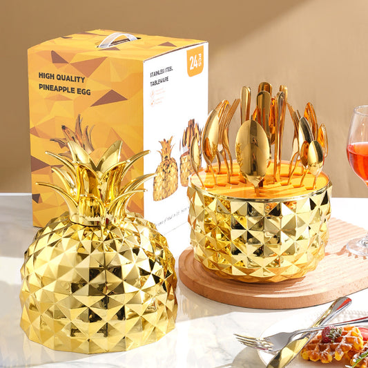 Image of gold creative pineapple-shaped 410 stainless steel 24-piece cutlery set  elegant 6-person dining gift set  ideal for luxury casual home interiors