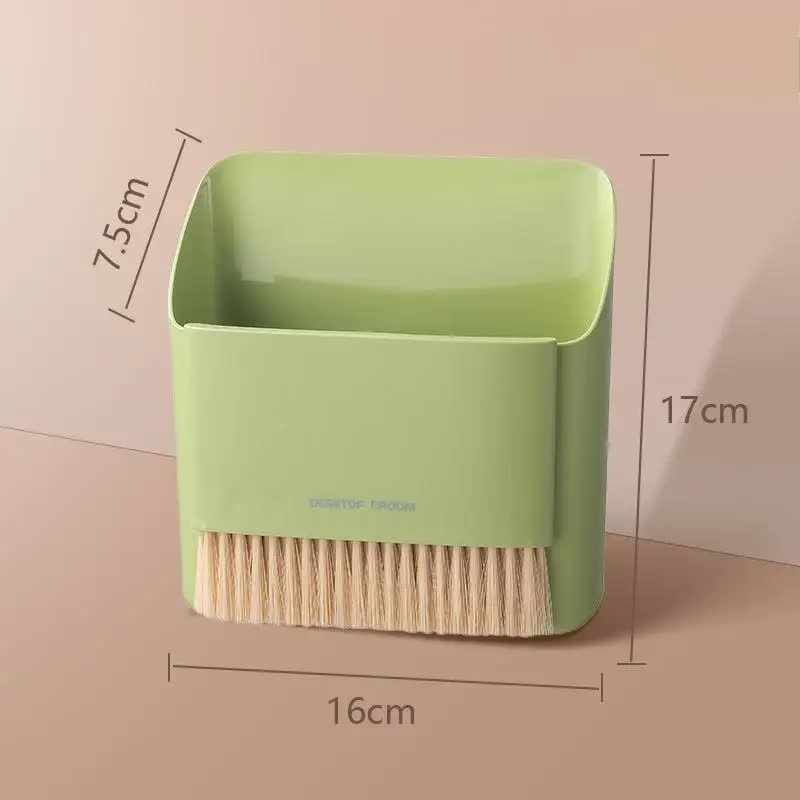 Image of 2 set green mini desktop sweeper and trash bin set | compact desk cleaning brush organizer | small tabletop sweeping dustpan for home and office use versatile for both home and professional use