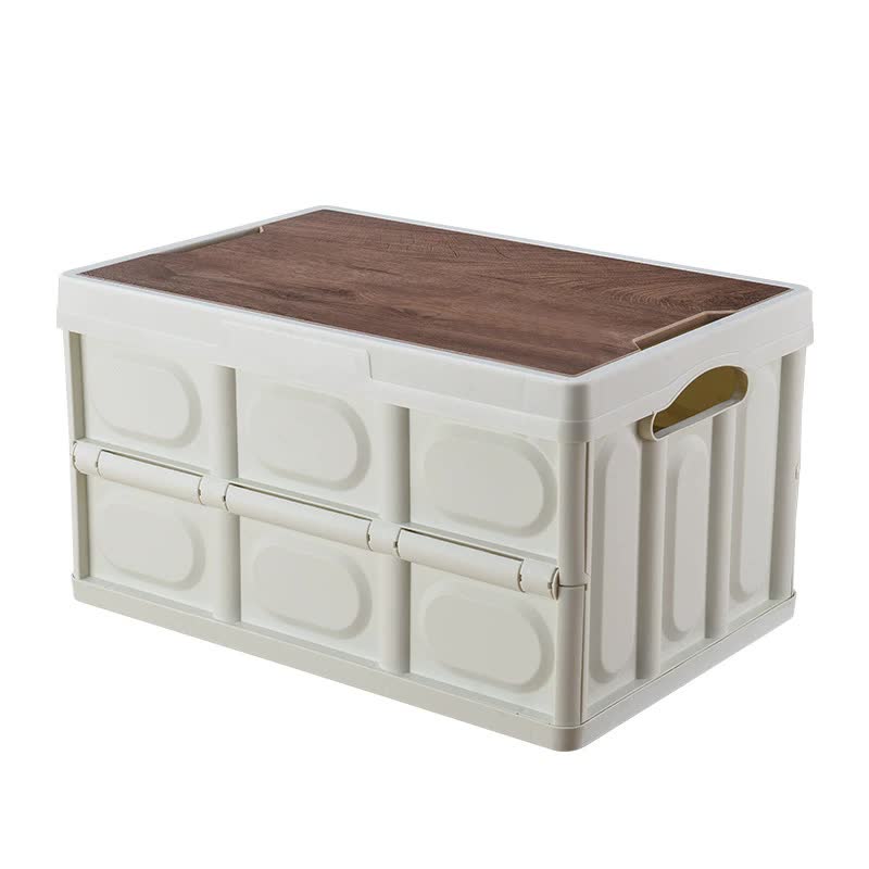 Image of 30l white foldable storage box with wooden lid - multifunctional car organizer, outdoor folding storage container ideal for luxury casual home interiors