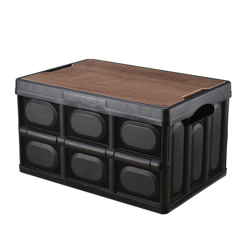 Image of 30l black foldable storage box with wooden lid - multifunctional car organizer, outdoor folding storage container ideal for luxury casual home interiors