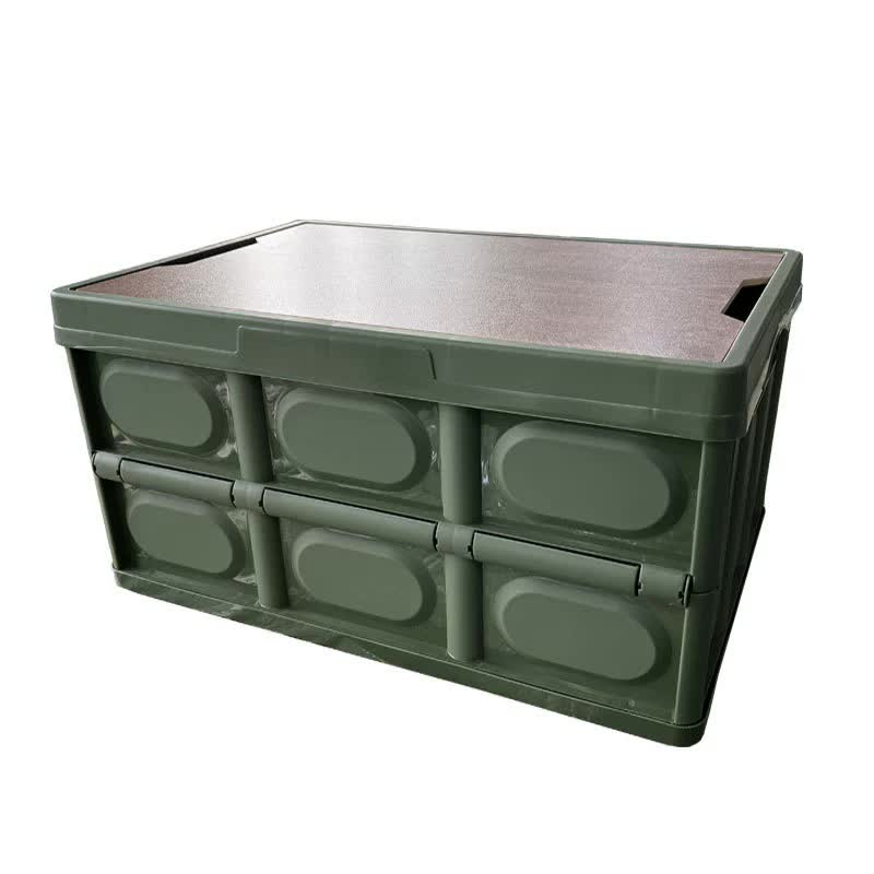 Image of 30l green foldable storage box with wooden lid - multifunctional car organizer, outdoor folding storage container ideal for luxury casual home interiors