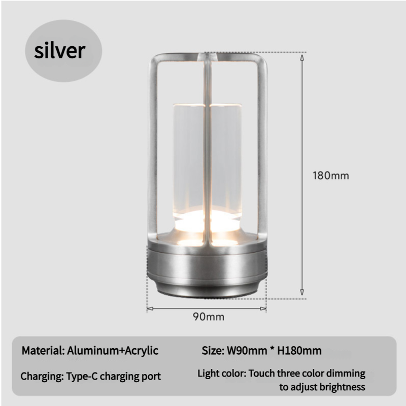 Image of silver rechargeable table lamp - touch dimming 3-color led light for bedroom and office versatile for both home and professional use