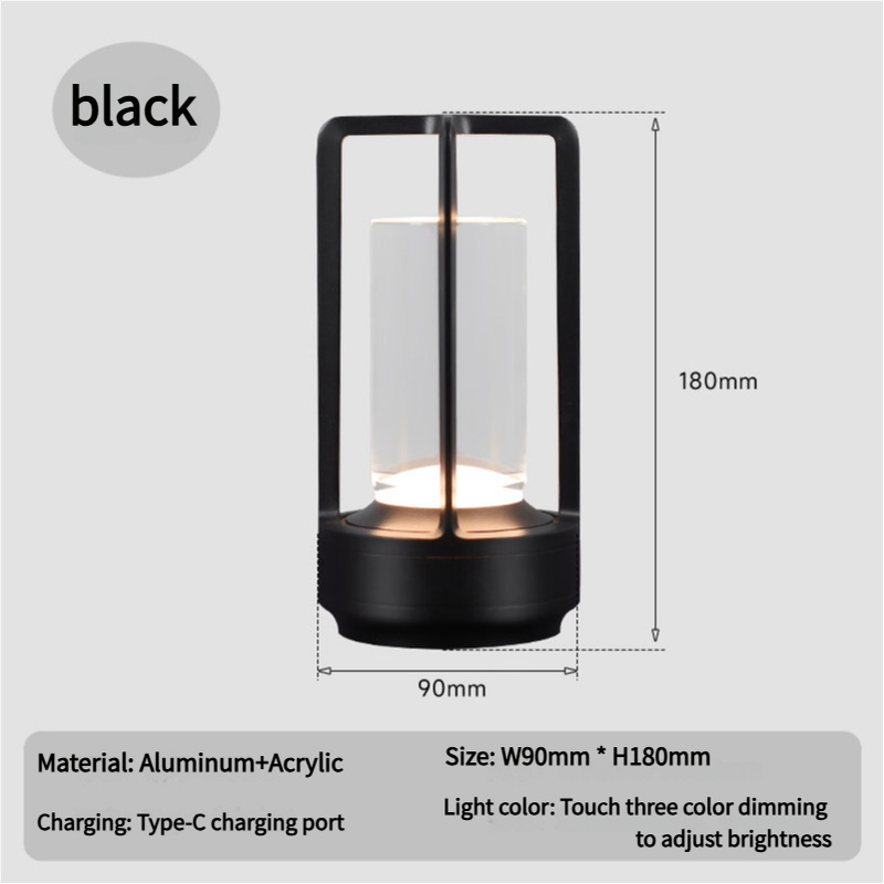Image of black rechargeable table lamp - touch dimming 3-color led light for bedroom and office versatile for both home and professional use