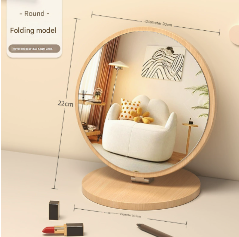 Image of round folding mirror tabletop makeup mirror - large wooden swivel vanity mirror for desk  ideal for luxury casual home interiors