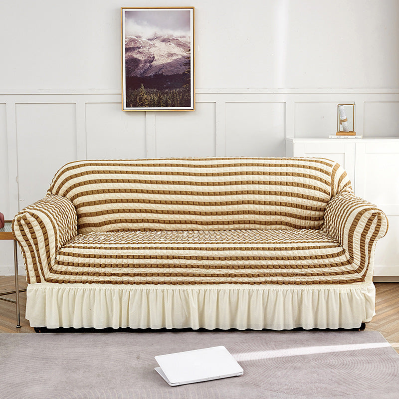 Image of beige-coffee single sofa bubble gauze sofa cover with skirt - full elastic dustproof single seater 90-140cm ideal for luxury casual home interiors