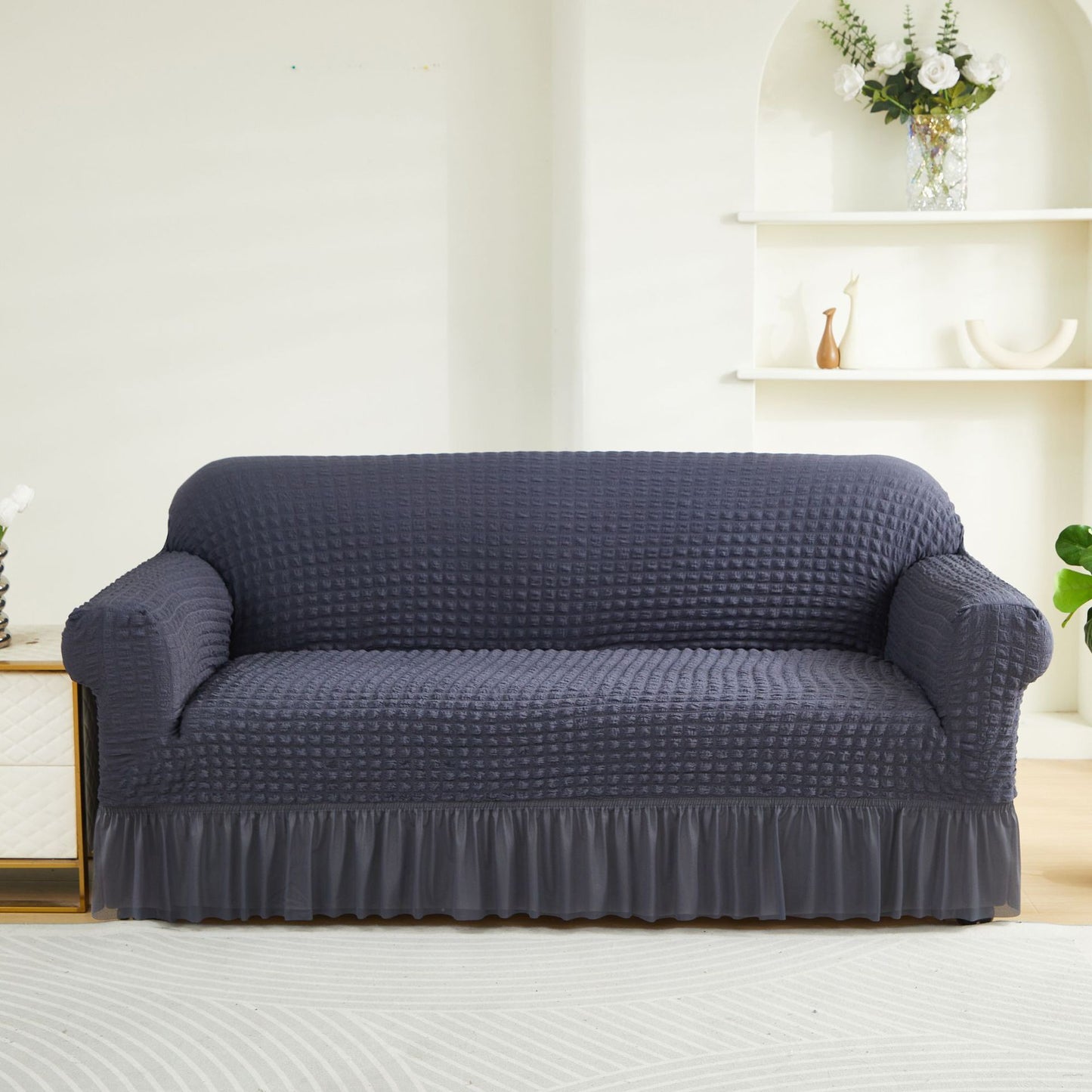 Image of dark grey double sofa bubble gauze sofa cover with skirt - full elastic dustproof double seater 145-185cm ideal for luxury casual home interiors