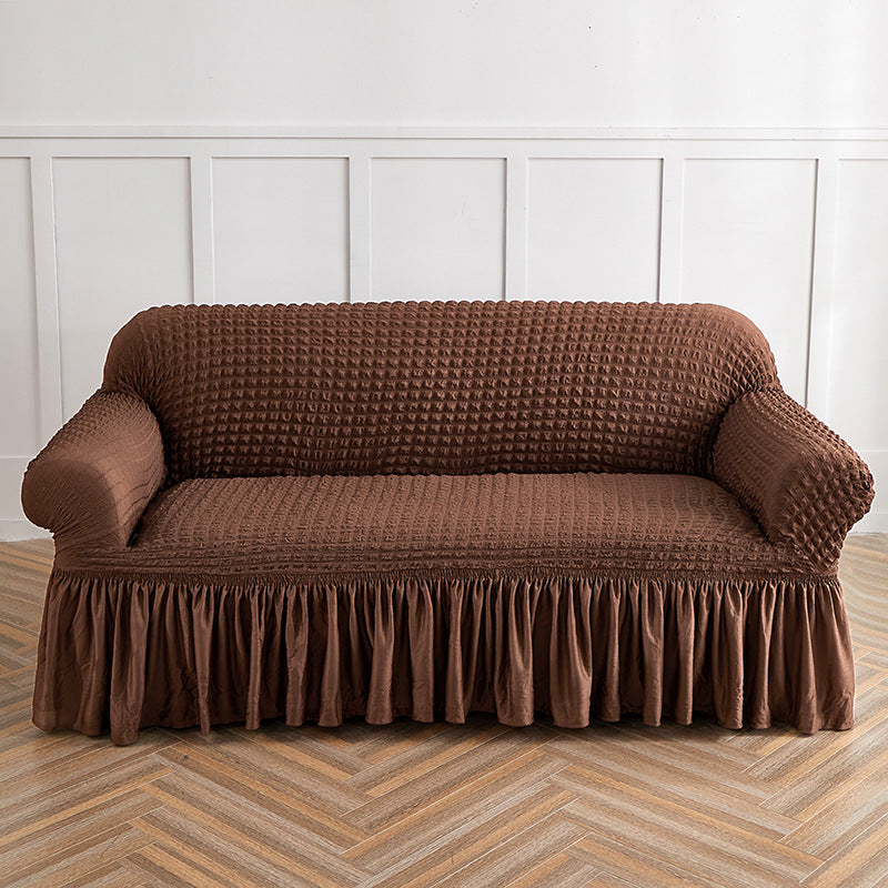 Image of light coffee double sofa bubble gauze sofa cover with skirt - full elastic dustproof double seater 145-185cm ideal for luxury casual home interiors