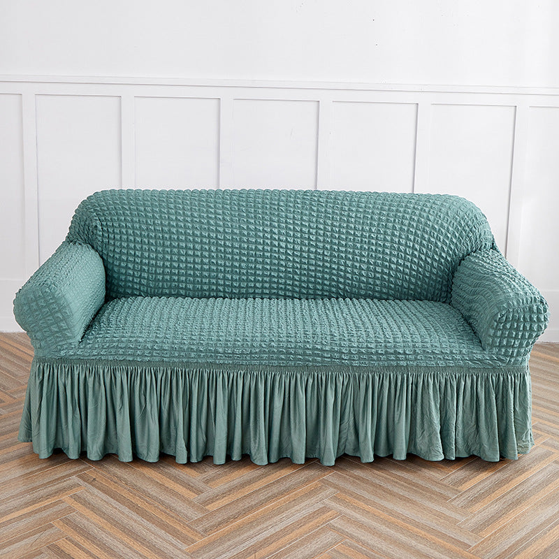 Image of blue-green double sofa bubble gauze sofa cover with skirt - full elastic dustproof double seater 145-185cm ideal for luxury casual home interiors