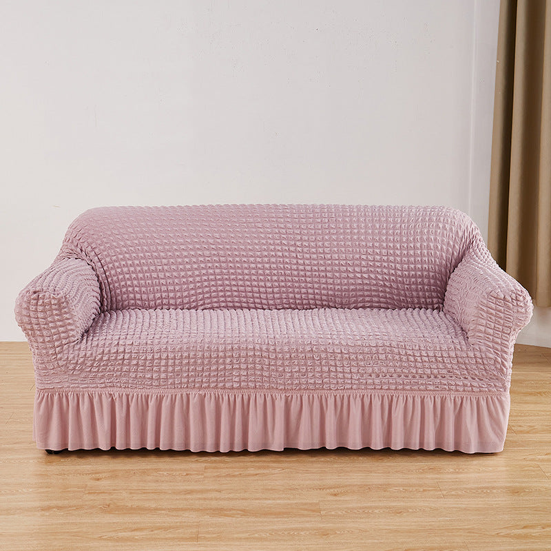 Image of pink double sofa bubble gauze sofa cover with skirt - full elastic dustproof double seater 145-185cm ideal for luxury casual home interiors