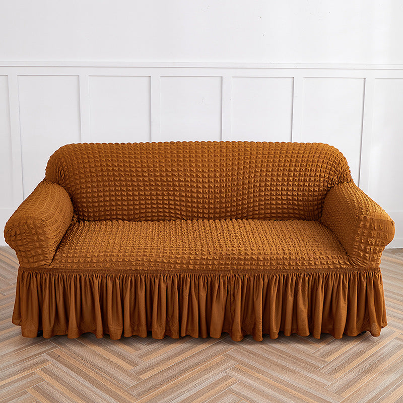 Image of mustard yellow double sofa bubble gauze sofa cover with skirt - full elastic dustproof double seater 145-185cm ideal for luxury casual home interiors