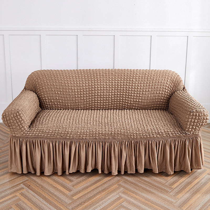 Image of light tan double sofa bubble gauze sofa cover with skirt - full elastic dustproof double seater 145-185cm ideal for luxury casual home interiors