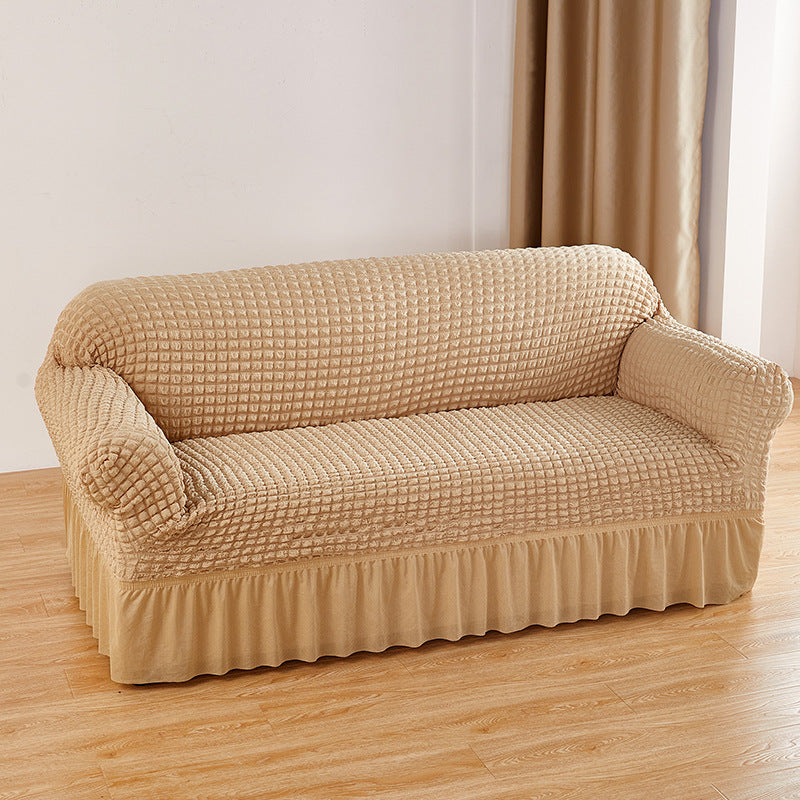 Image of beige double sofa bubble gauze sofa cover with skirt - full elastic dustproof double seater 145-185cm ideal for luxury casual home interiors