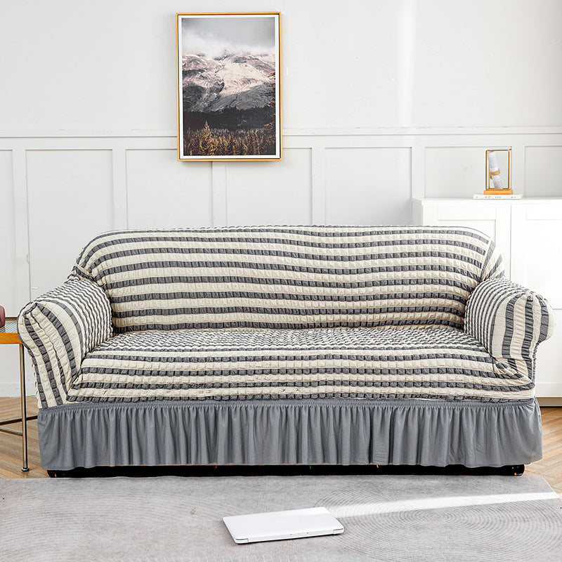 Image of grey-white double sofa bubble gauze sofa cover with skirt - full elastic dustproof double seater 145-185cm ideal for luxury casual home interiors