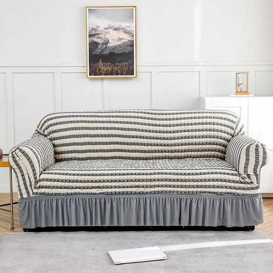 Image of grey-white double sofa bubble gauze sofa cover with skirt - full elastic dustproof double seater 145-185cm  ideal for luxury casual home interiors