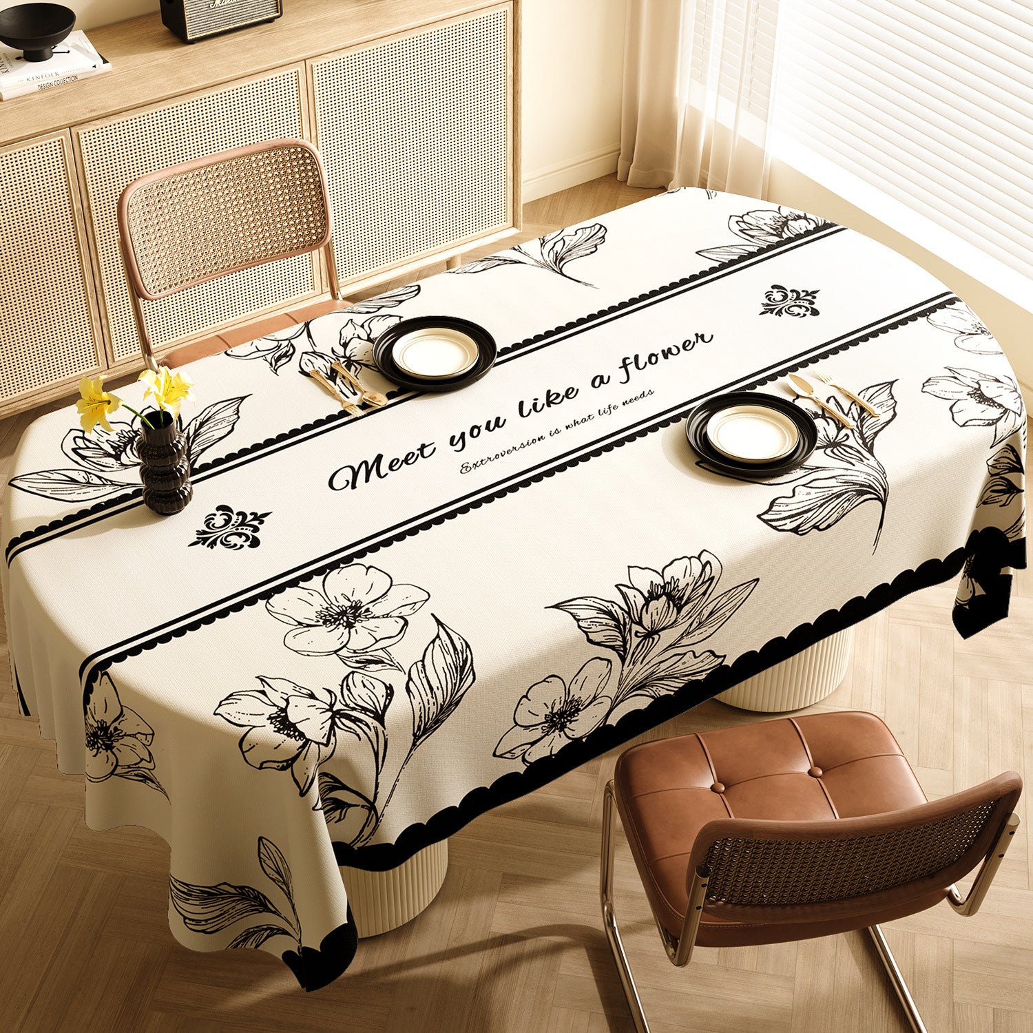 Image of style d black and off white premium pvc tablecloth - oil & water resistant table cover for dining tables (140 x 220 cm)  ideal for luxury casual home interiors