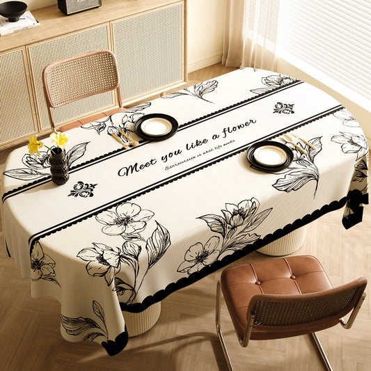 Image of style d black and off white premium pvc tablecloth - oil & water resistant table cover for dining tables (140 x 220 cm)  ideal for luxury casual home interiors