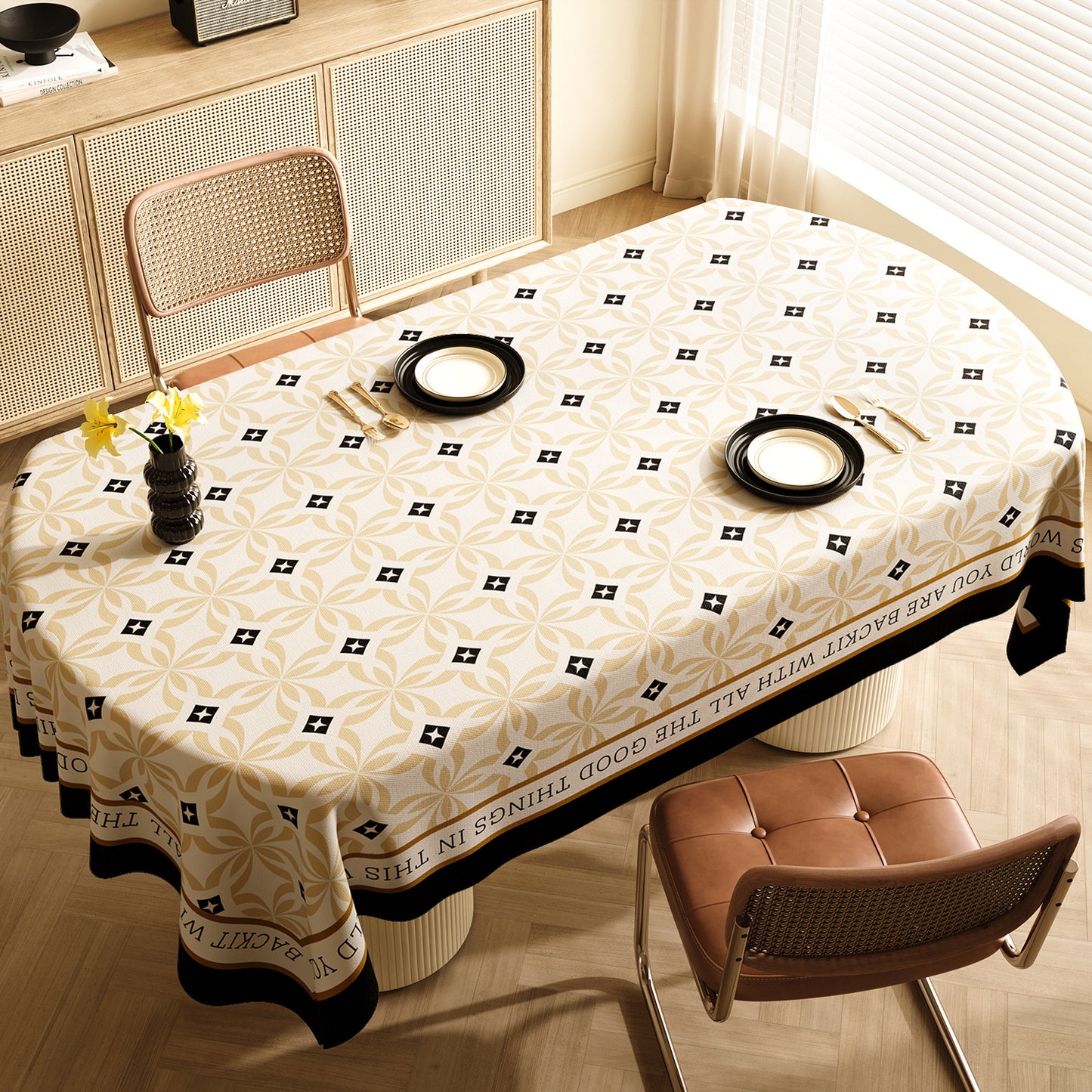Image of style e black and off white premium pvc tablecloth - oil & water resistant table cover for dining tables (140 x 220 cm)  ideal for luxury casual home interiors