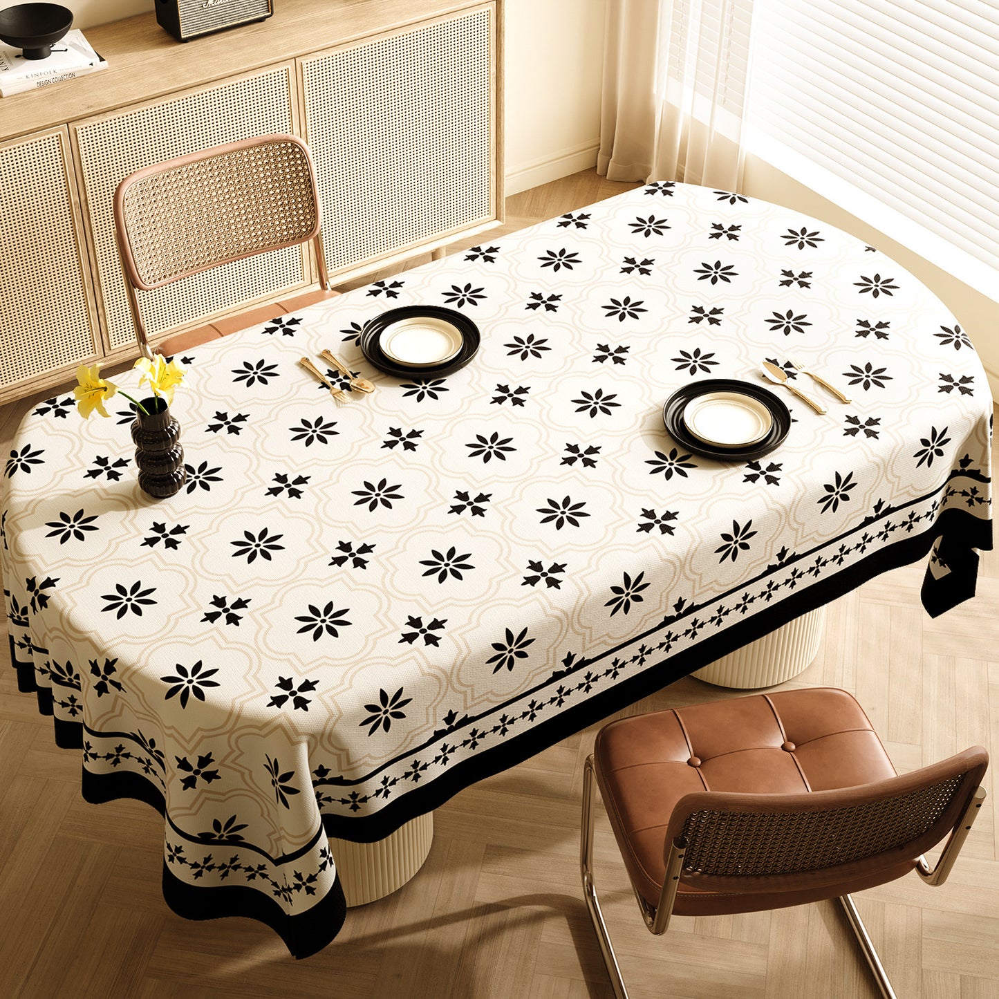 Image of style f black and off white premium pvc tablecloth - oil & water resistant table cover for dining tables (140 x 220 cm)  ideal for luxury casual home interiors