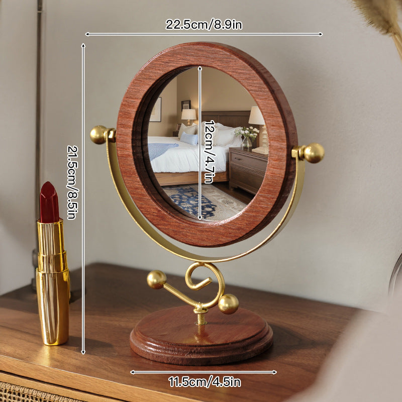 Image of gold and brown vintage solid wood makeup mirror - 360 rotating desktop vanity mirror ideal for luxury casual home interiors