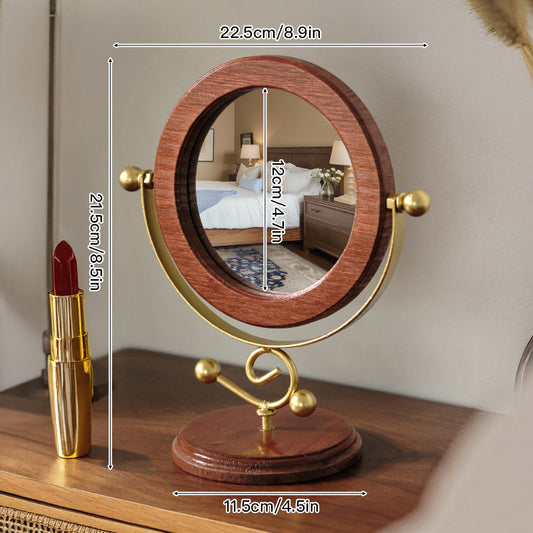 Image of gold and brown vintage solid wood makeup mirror - 360 rotating desktop vanity mirror  ideal for luxury casual home interiors