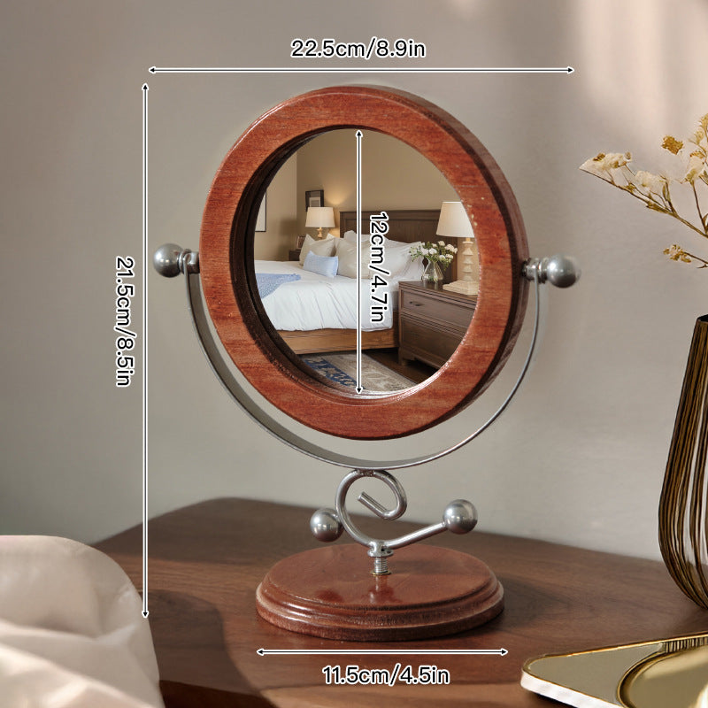 Image of silver and brown vintage solid wood makeup mirror - 360 rotation desktop vanity mirror ideal for luxury casual home interiors