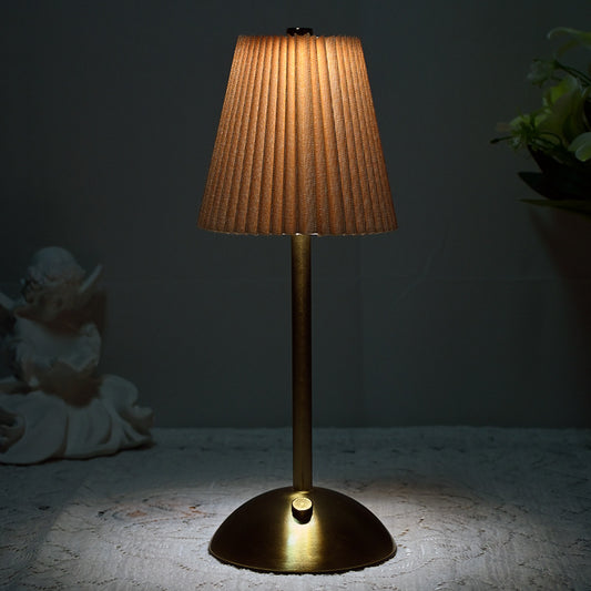 Image of khaki elegant pleated fabric table lamp - 3-color led, usb rechargeable, touch dimming  ideal for luxury casual home interiors