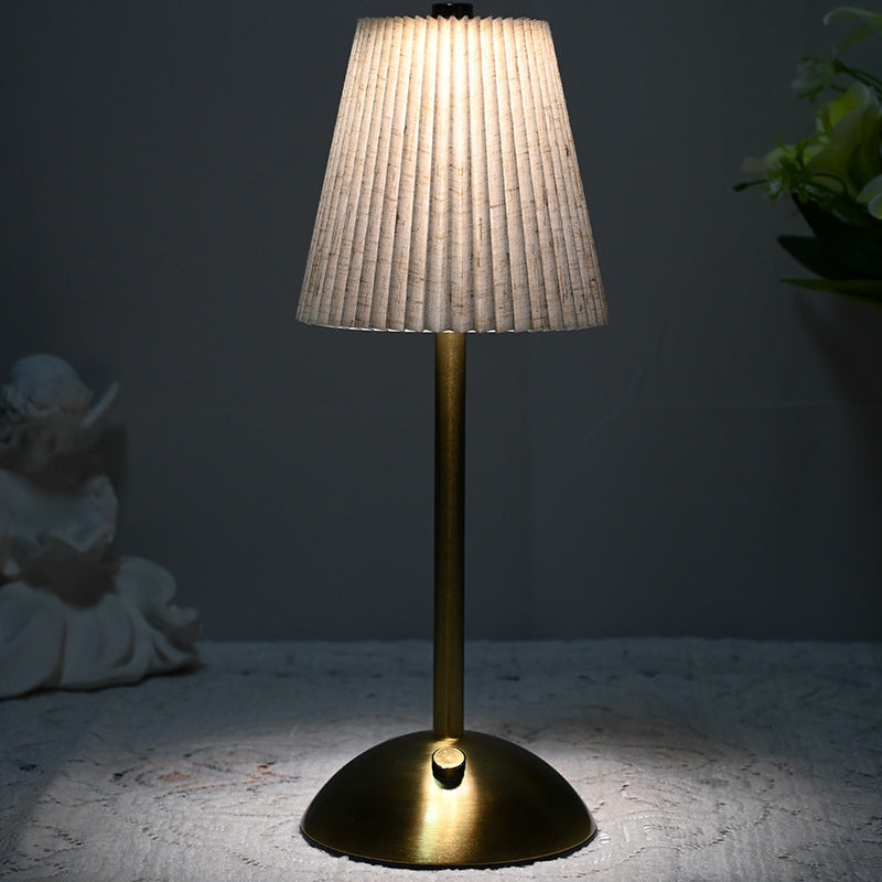 Image of beige elegant pleated fabric table lamp - 3-color led, usb rechargeable, touch dimming ideal for luxury casual home interiors
