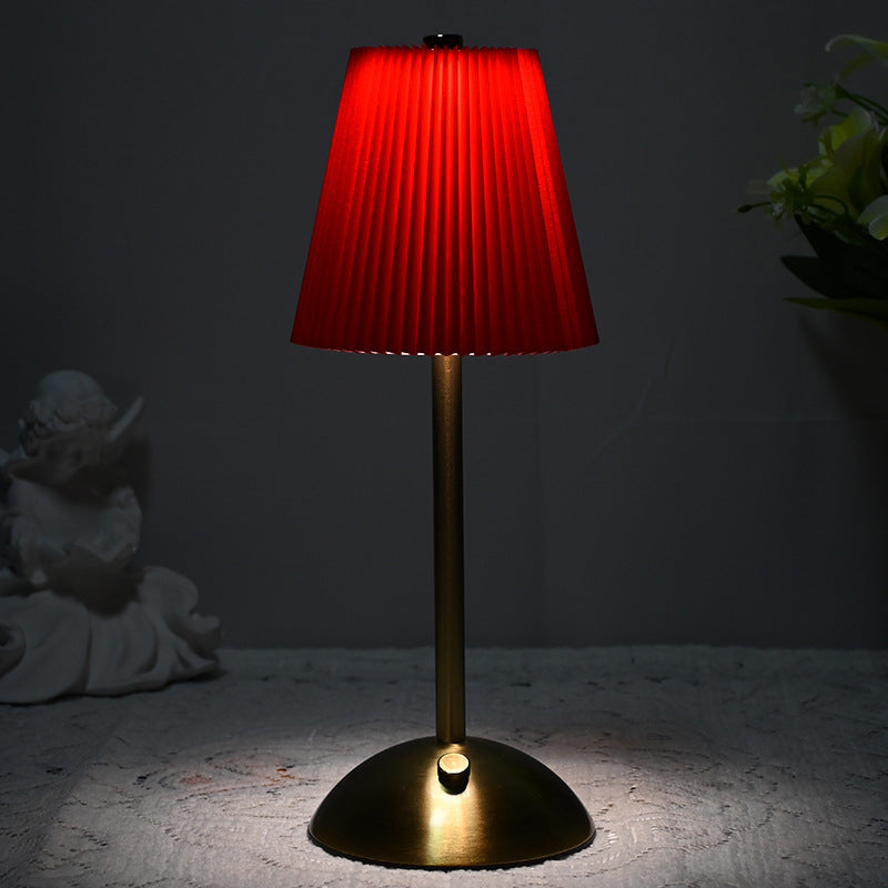 Image of red elegant pleated fabric table lamp - 3-color led, usb rechargeable, touch dimming ideal for luxury casual home interiors