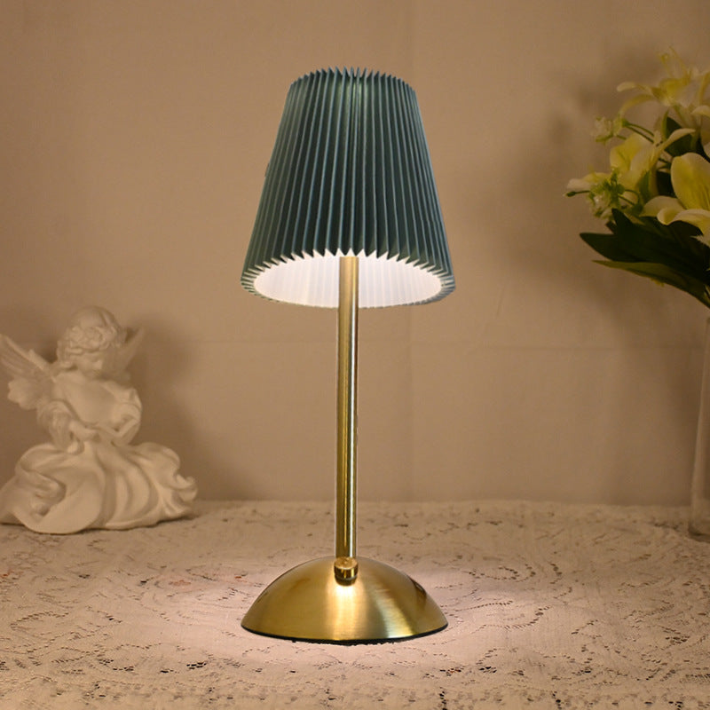 Image of green elegant pleated fabric table lamp - 3-color led, usb rechargeable, touch dimming ideal for luxury casual home interiors