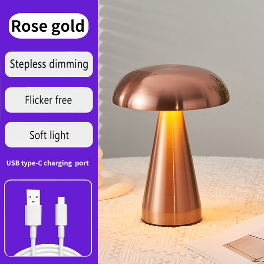 Image of rose glod metal mushroom table lamp - rechargeable touch control ambient light with remote  ideal for luxury casual home interiors
