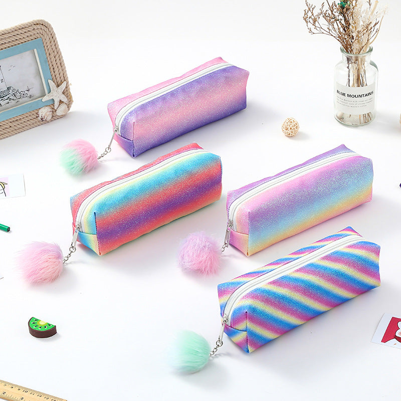Image of rainbow glitter pencil cases - set of 4 sparkly stationery pouches suitable for aged care, corporate offices, and commercial settings