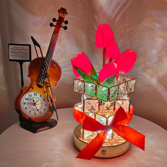 Image of red tulips led crystal flower table lamp - usb rechargeable touch control night light  ideal for luxury casual home interiors