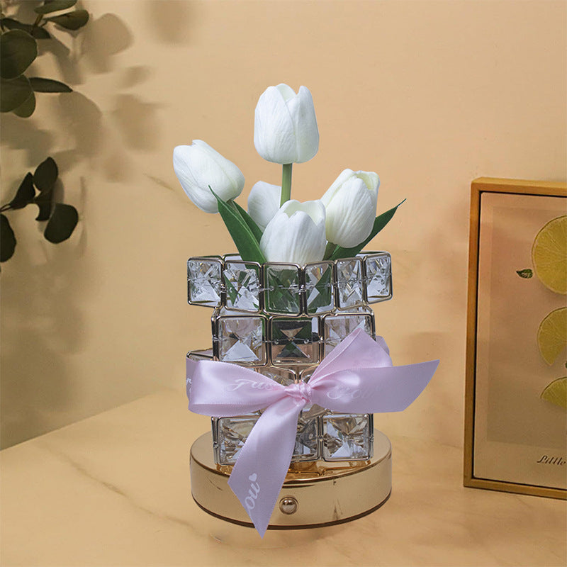 Image of white tulips led crystal flower table lamp - usb rechargeable touch control night light ideal for luxury casual home interiors