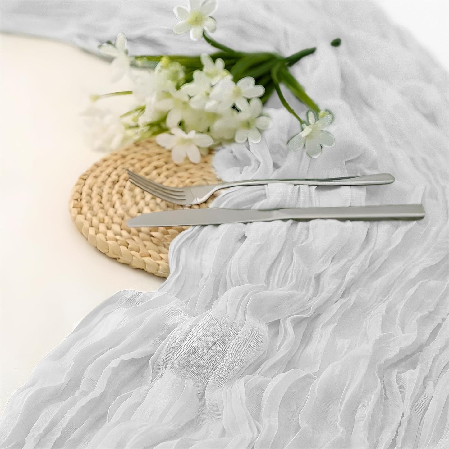 Image of white bohemian gauze table runner 2-pack - polyester fabric for party and birthday table decor ideal for luxury casual home interiors