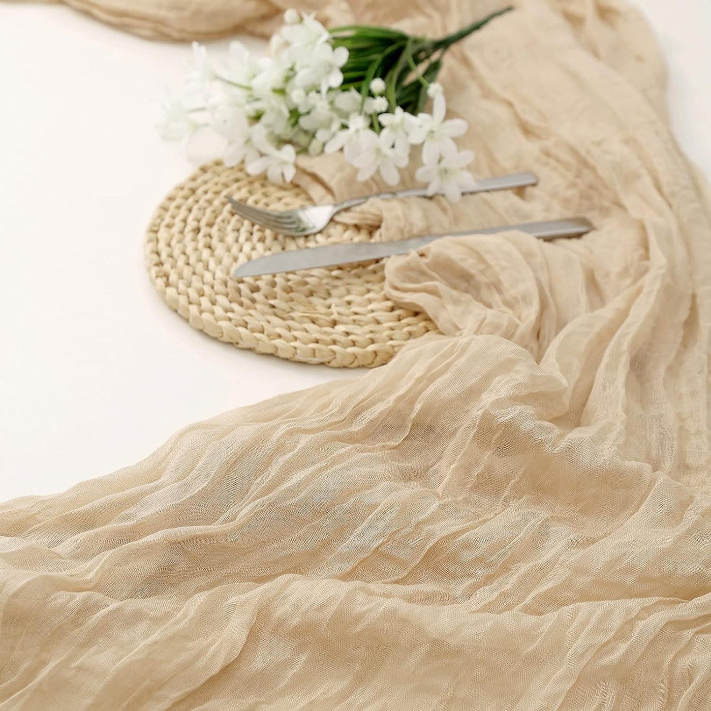 Image of beige bohemian gauze table runner 2-pack - polyester fabric for party and birthday table decor ideal for luxury casual home interiors