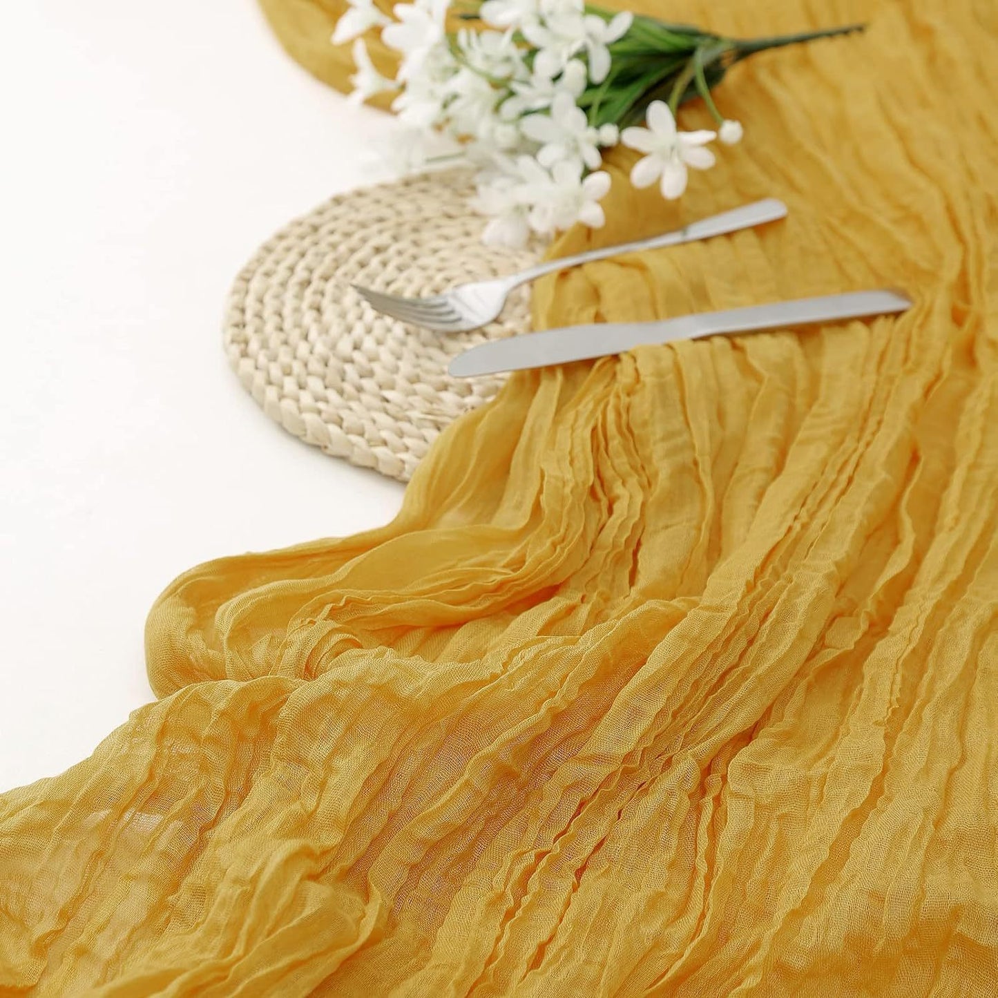 Image of yellow bohemian gauze table runner 2-pack - polyester fabric for party and birthday table decor ideal for luxury casual home interiors