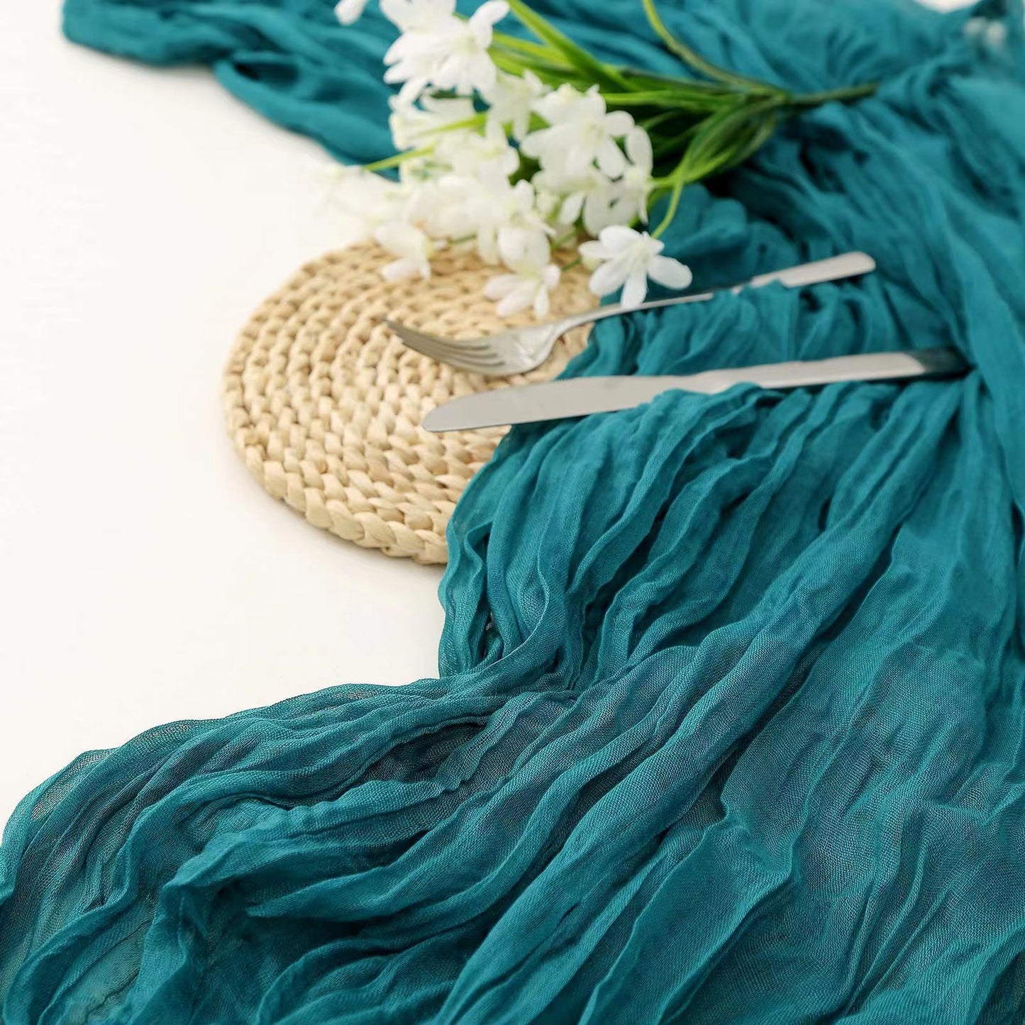 Image of peacock blue bohemian gauze table runner 2-pack - polyester fabric for party and birthday table decor ideal for luxury casual home interiors