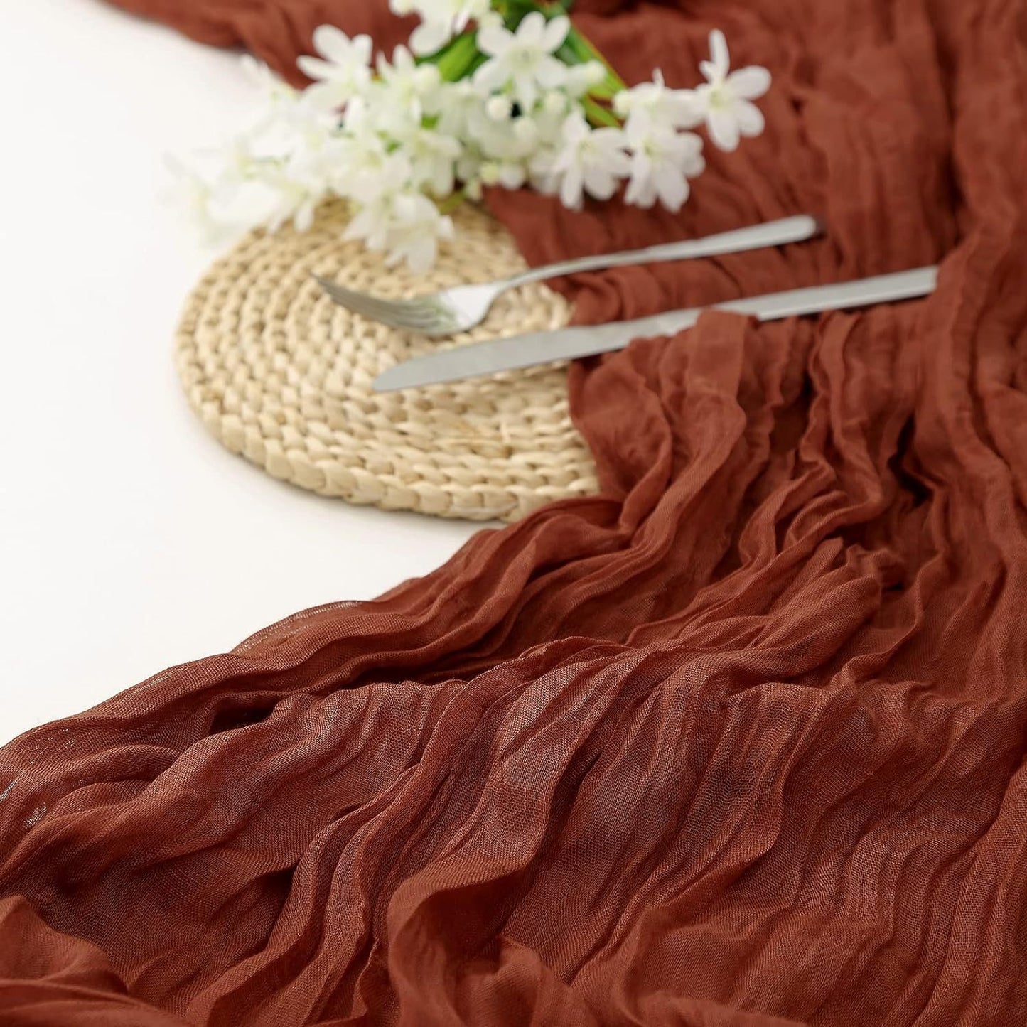 Image of brick red bohemian gauze table runner 2-pack - polyester fabric for party and birthday table decor ideal for luxury casual home interiors