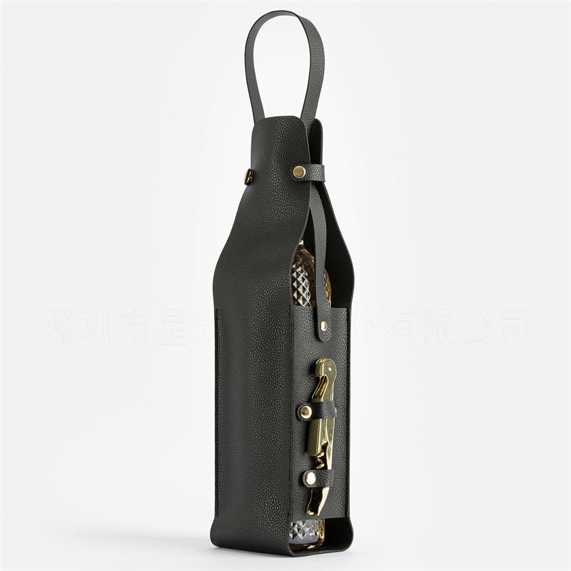 Image of black leather-look single wine bottle carrier bag with handle and side pocket for opener(red wine and bottle opener are props for shooting and are not included) available at The Epic Shop
