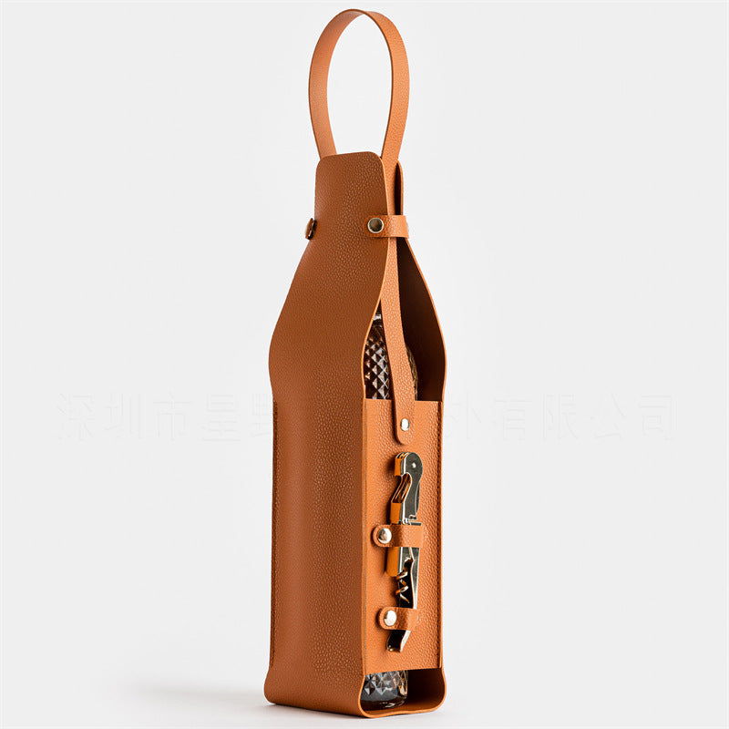Image of brown leather-look single wine bottle carrier bag with handle and side pocket for opener(red wine and bottle opener are props for shooting and are not included) available at The Epic Shop