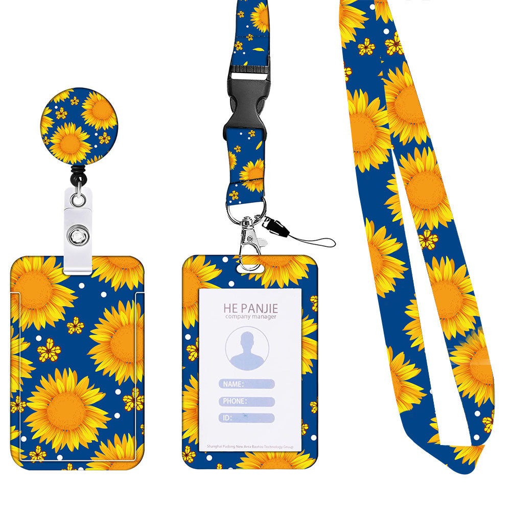 Image of 2 pcs yellow and blue sunflower patterns retractable badge reel & id card holder set with lanyard - durable abs plastic suitable for aged care, corporate offices, and commercial settings