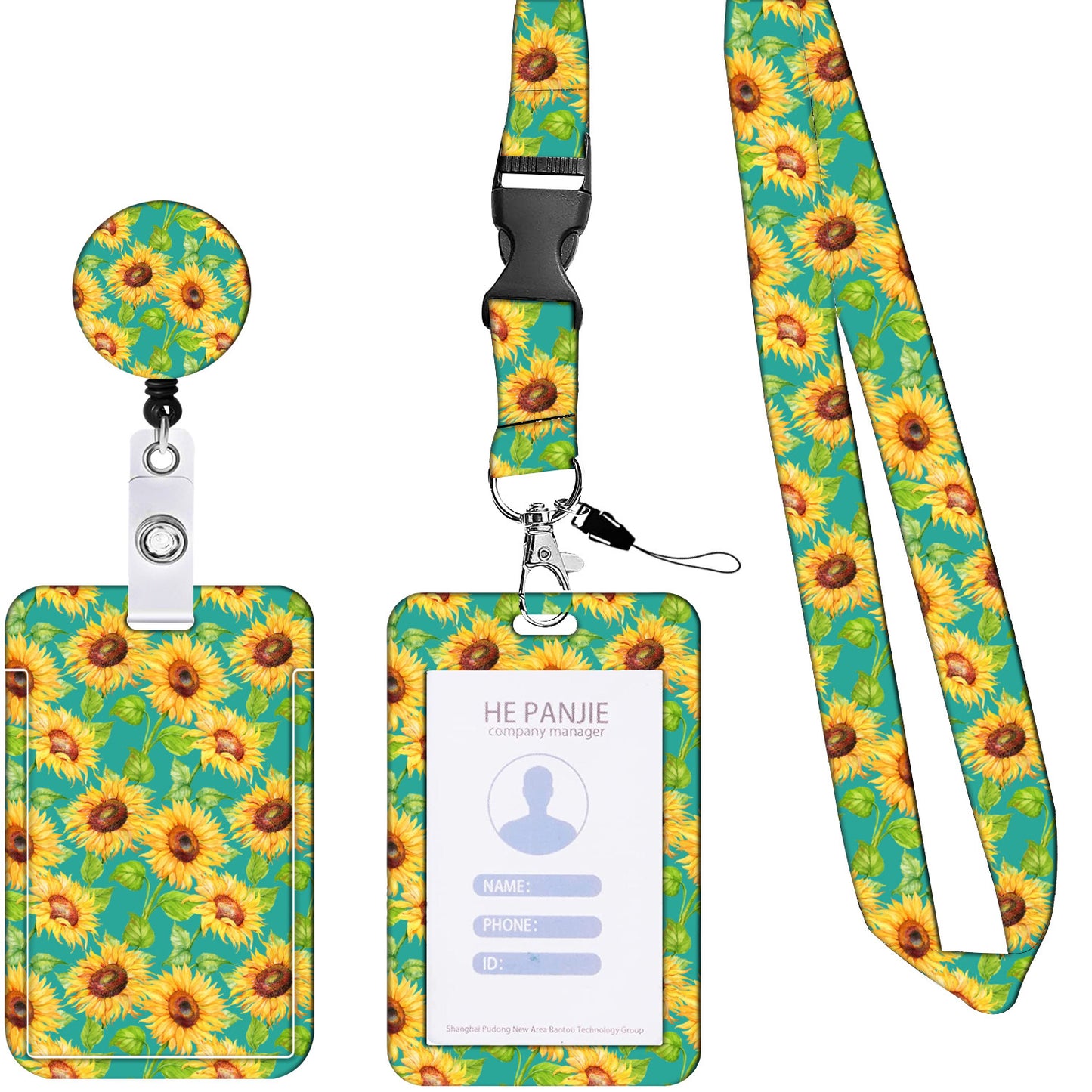 Image of 2 pcs yellow and green sunflower patterns retractable badge reel & id card holder set with lanyard - durable abs plastic suitable for aged care, corporate offices, and commercial settings