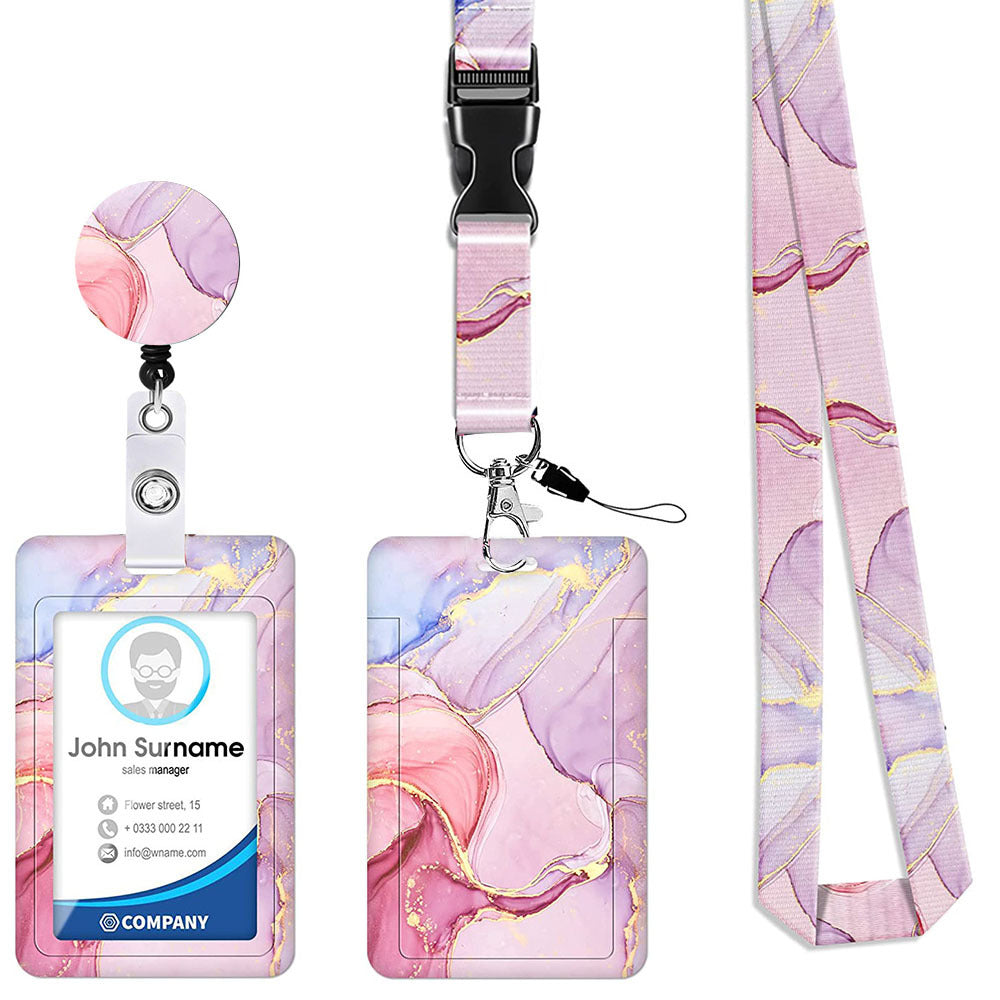 Image of 2 pcs pink geometric patterns retractable badge reel & id card holder set with lanyard - durable abs plastic suitable for aged care, corporate offices, and commercial settings
