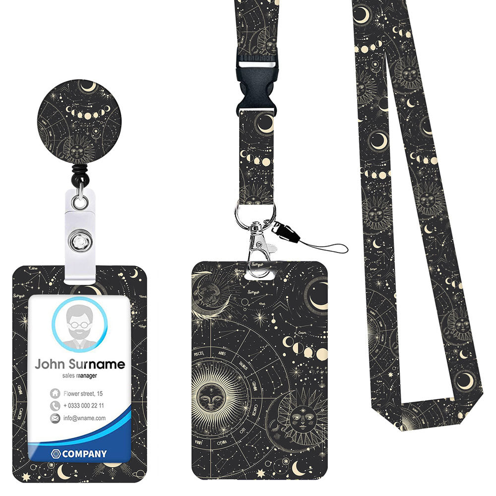 Image of 2 pcs black star and moon pattern retractable badge reel & id card holder set with lanyard - durable abs plastic suitable for aged care, corporate offices, and commercial settings