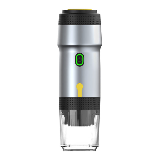 Image of silver 3-in-1 portable electric espresso maker - rechargeable travel coffee machine for capsules & ground coffee  versatile for both home and professional use