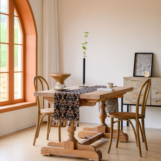 Image of jacquard black with plum blossom 33-180cm elegant geometric jacquard table runner with tassels - modern dining & coffee table decor  ideal for luxury casual home interiors