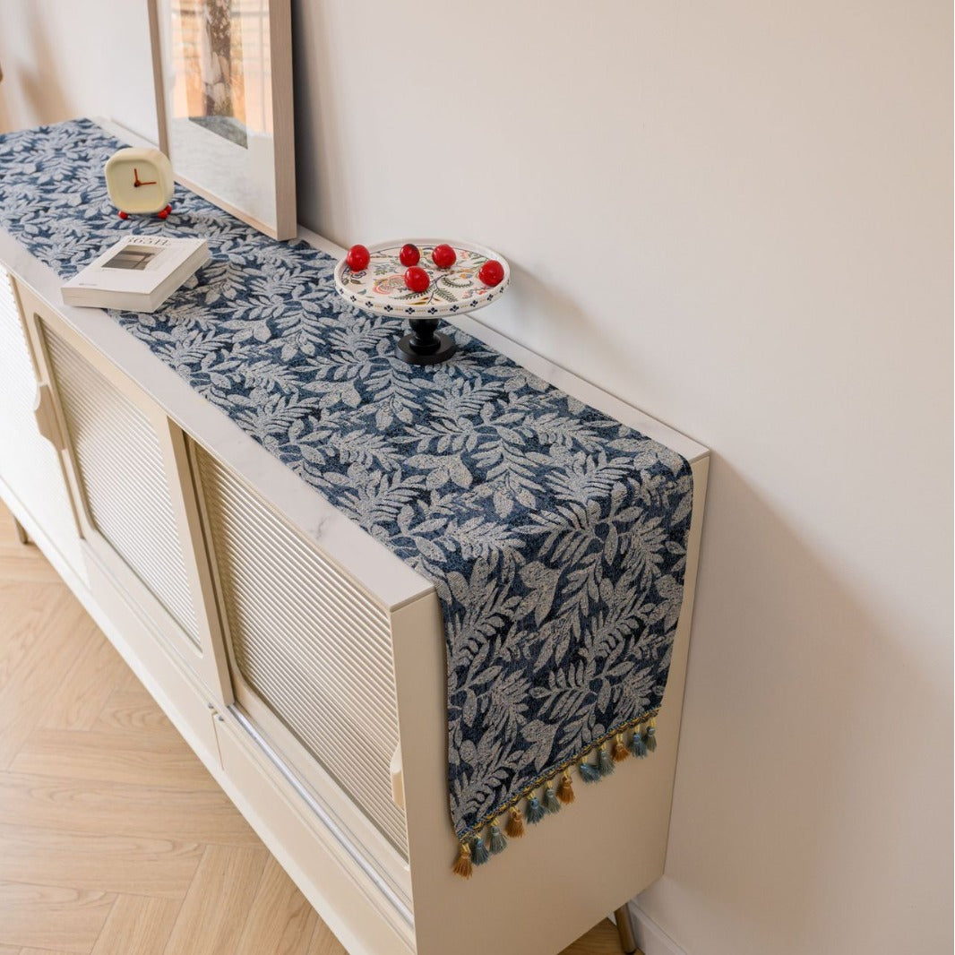 Image of jacquard blue water plant 33-180cm elegant geometric jacquard table runner with tassels - modern dining & coffee table decor ideal for luxury casual home interiors