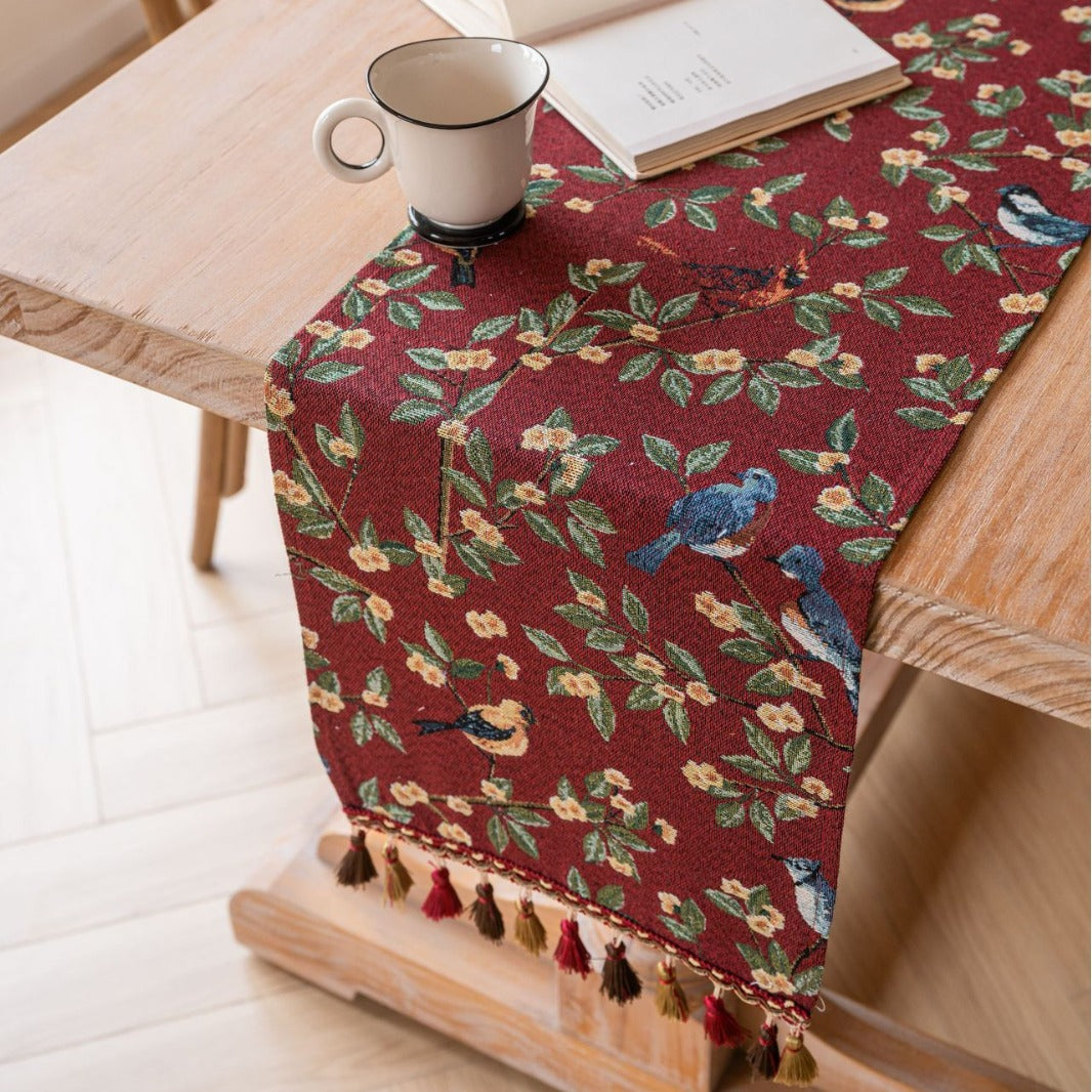Image of jacquard date red two orioles 33-180cm elegant geometric jacquard table runner with tassels - modern dining & coffee table decor ideal for luxury casual home interiors