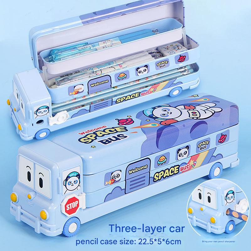 Image of 2-pcs blue fun school bus pencil box with built-in sharpener - 3 layer large capacity stationery box for kids suitable for aged care, corporate offices, and commercial settings